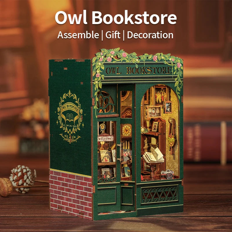 CUTEBEE Bookstore Book Nook DIY Miniature Wooden Dollhouse with Light Bookshelf Insert Kit Puzzle Assembly Model for Decor Gift