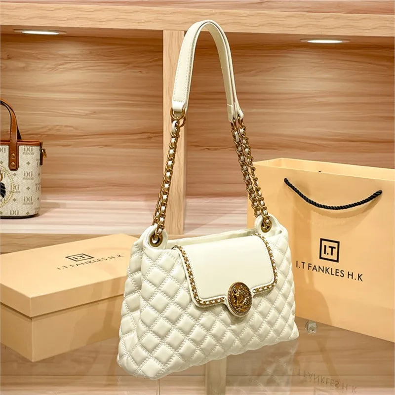 Brand genuine leather chain bag for women in 2025, new designer with a sense of luxury, large capacity underarm shoulder bag