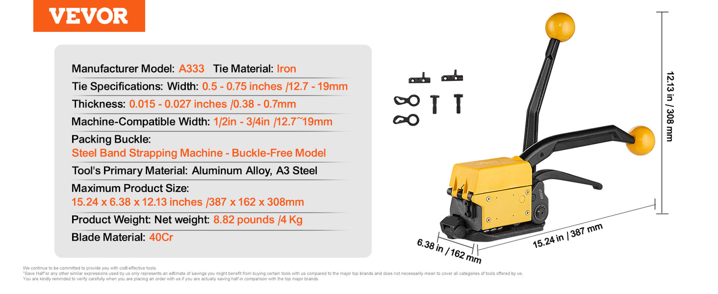 VEVOR A333 Manual Sealless Steel Strapping Machine Bander Belt Packaging Binding Machinery Tool for 12.7-19mm Steel Strap