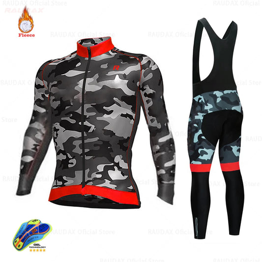 2025 Raudax Camouflage Winter Thermal Fleece Cycling Clothes Men's Jersey Suit Outdoor Riding Bike MTB Clothing Bib Pants Set
