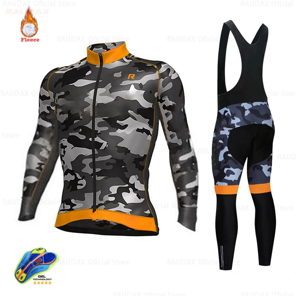 2025 Raudax Camouflage Winter Thermal Fleece Cycling Clothes Men's Jersey Suit Outdoor Riding Bike MTB Clothing Bib Pants Set