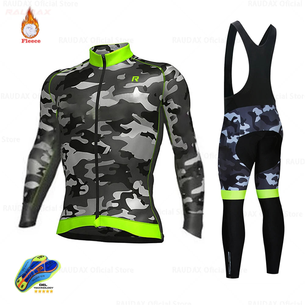 2025 Raudax Camouflage Winter Thermal Fleece Cycling Clothes Men's Jersey Suit Outdoor Riding Bike MTB Clothing Bib Pants Set