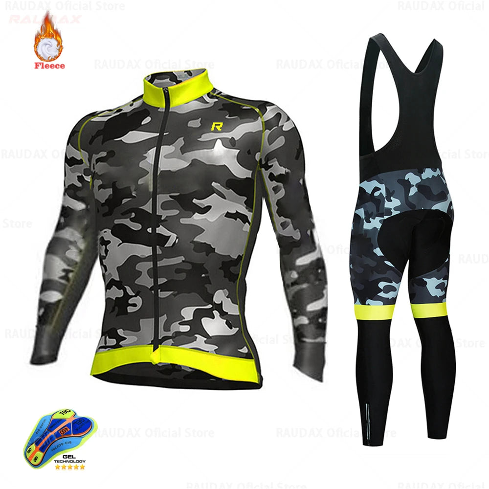 2025 Raudax Camouflage Winter Thermal Fleece Cycling Clothes Men's Jersey Suit Outdoor Riding Bike MTB Clothing Bib Pants Set