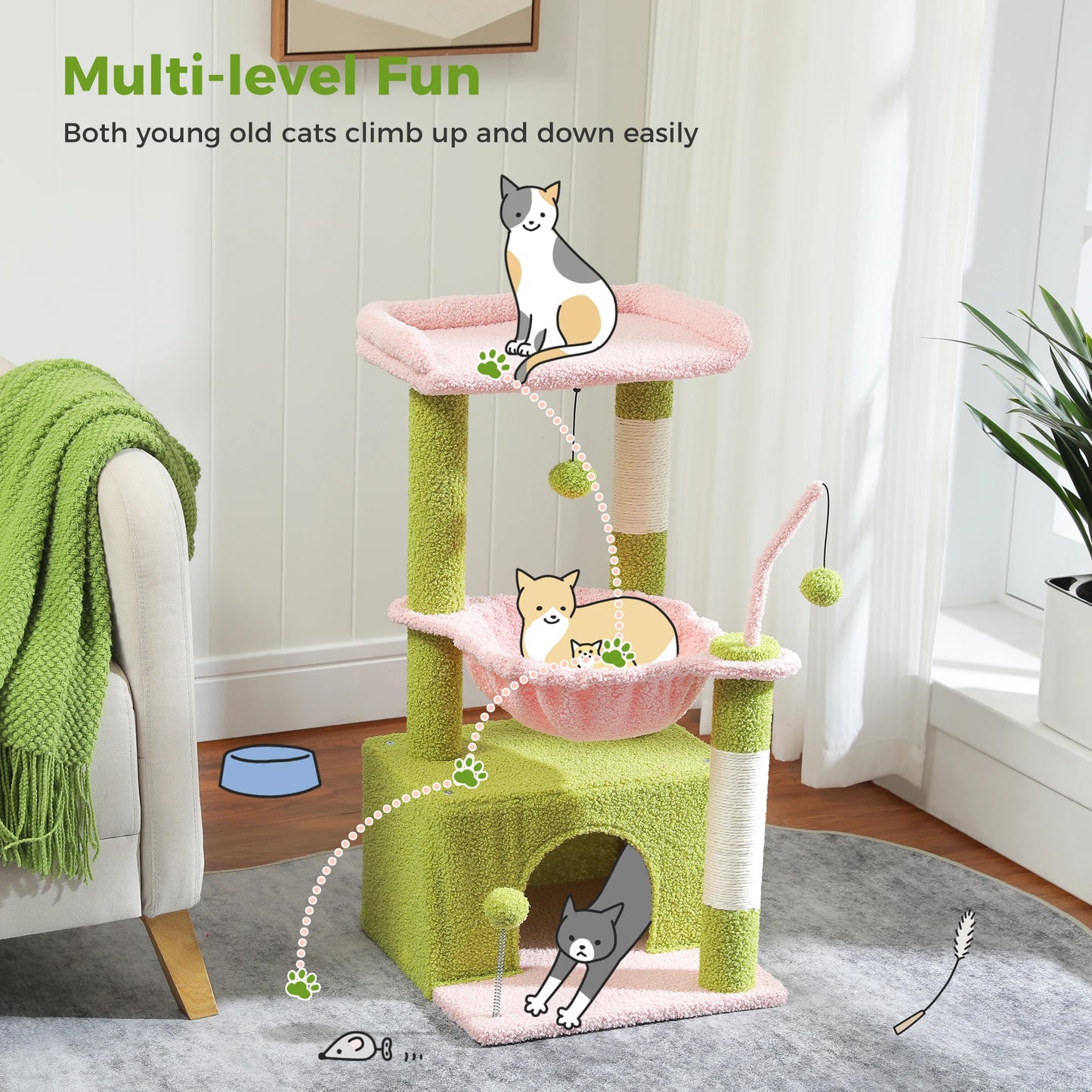4-in-1 Cactus Cat Tree for Indoor Cat, Small Cat Tower with Large Condo, Scratching Post, Deep Hammock, Cozy Top Perch, Cat Toys