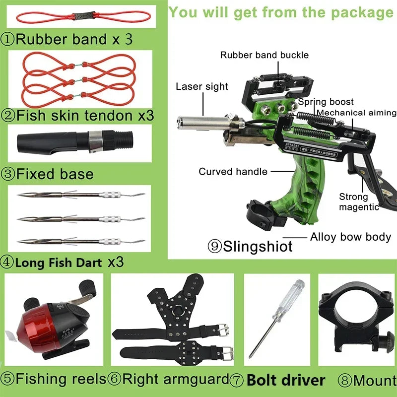 4-Color Fish Shooting Laser Fishing Metal Slingshot Outdoor Hunting Dart Shooting Slingshot Rubber Band Reel Gloves Package