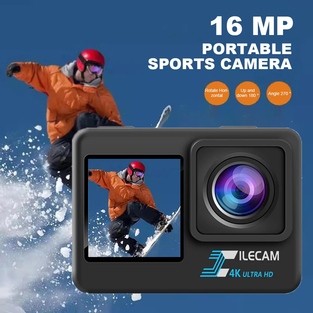 4K UHD Action Camera 1080P 30FPS 2.0 Inch IPS Screen Bicycle Video Recording Camera Anti-Shake Video Camera Dual Screen Display