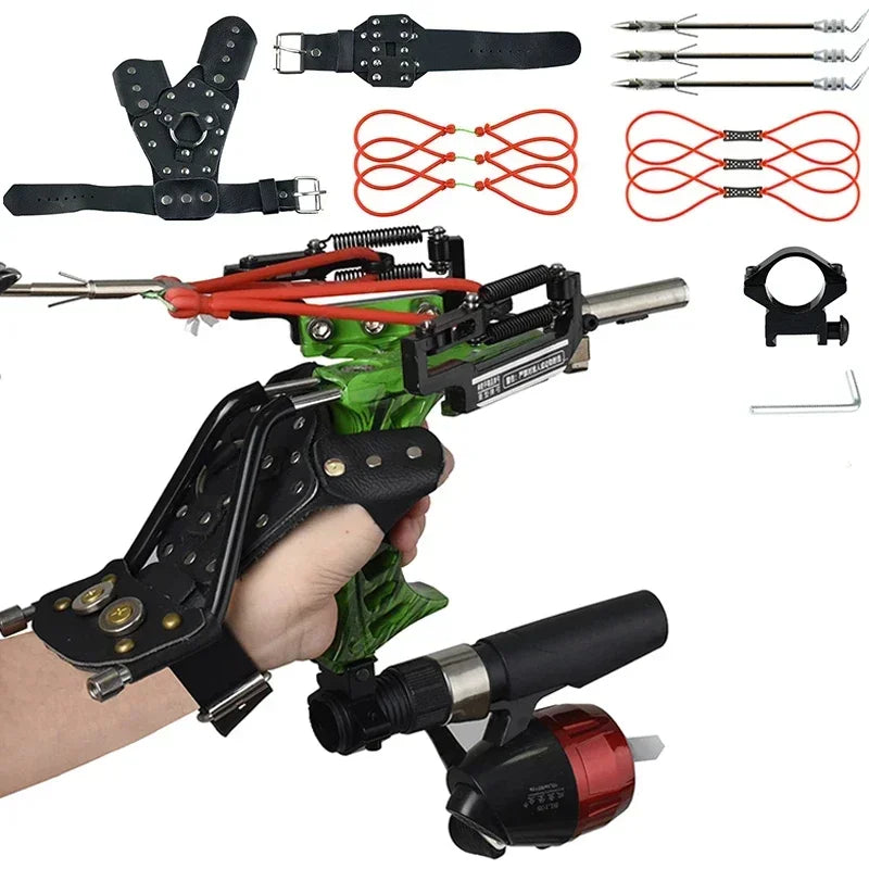 4-Color Fish Shooting Laser Fishing Metal Slingshot Outdoor Hunting Dart Shooting Slingshot Rubber Band Reel Gloves Package