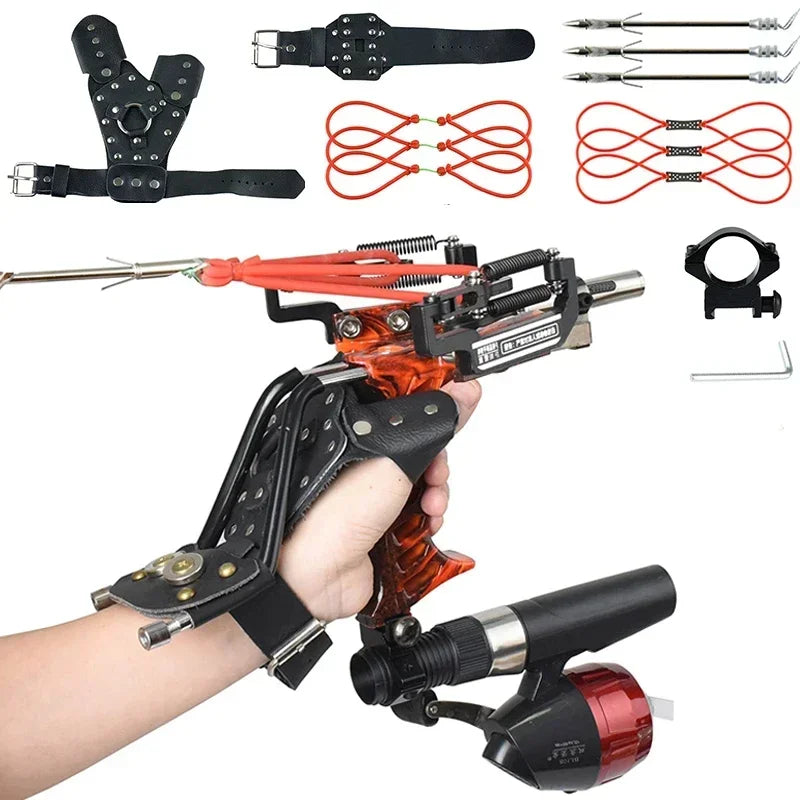 4-Color Fish Shooting Laser Fishing Metal Slingshot Outdoor Hunting Dart Shooting Slingshot Rubber Band Reel Gloves Package