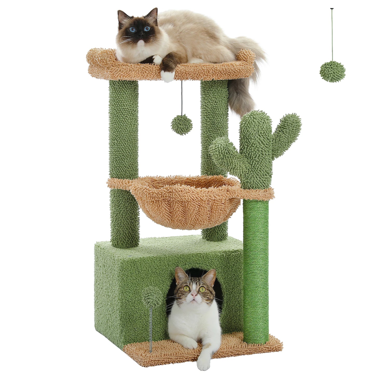4-in-1 Cactus Cat Tree for Indoor Cat, Small Cat Tower with Large Condo, Scratching Post, Deep Hammock, Cozy Top Perch, Cat Toys