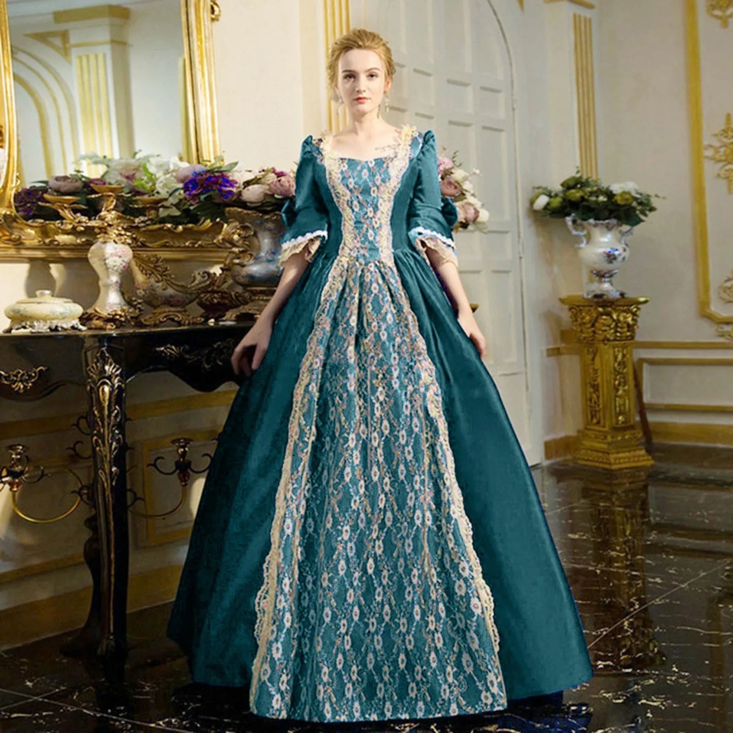18th Century Medieval Dress Women High Waist Half Sleeve Ball Gown Princess Lace Patchwork Satin Dress Queen Renaissance Costume