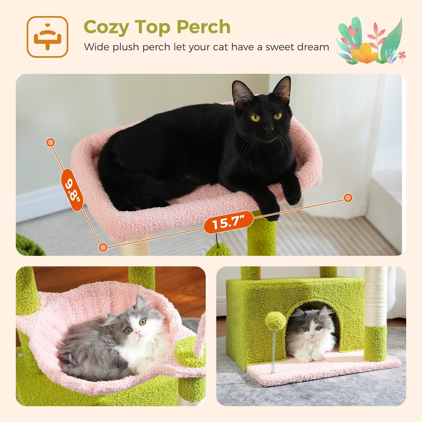 4-in-1 Cactus Cat Tree for Indoor Cat, Small Cat Tower with Large Condo, Scratching Post, Deep Hammock, Cozy Top Perch, Cat Toys