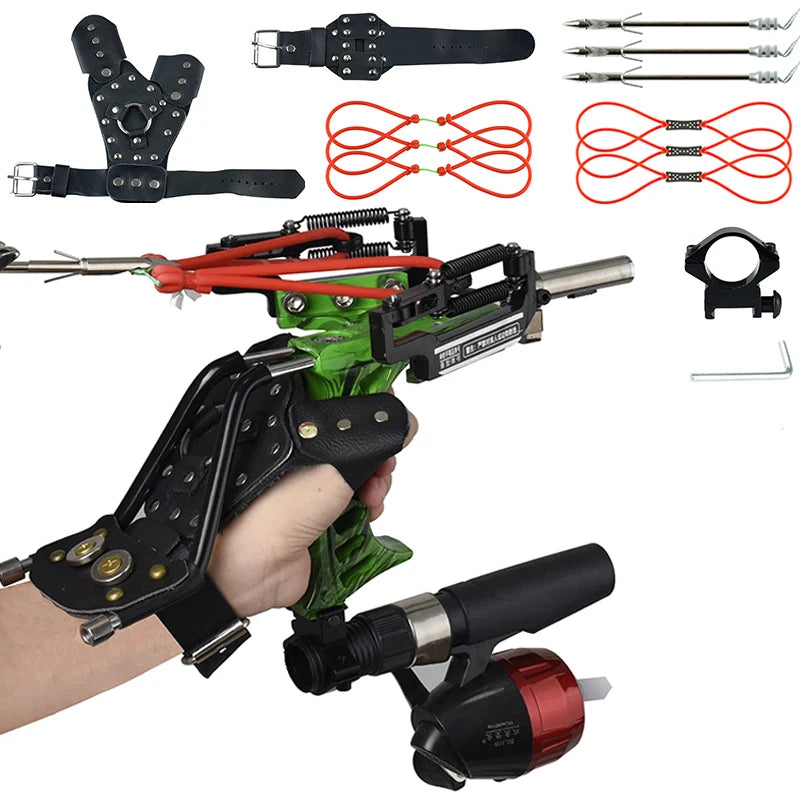 4-Color Fish Shooting Laser Fishing Metal Slingshot Outdoor Hunting Dart Shooting Slingshot Rubber Band Reel Gloves Package