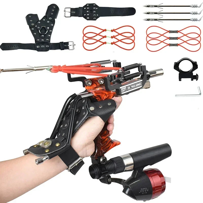 4-Color Fish Shooting Laser Fishing Metal Slingshot Outdoor Hunting Dart Shooting Slingshot Rubber Band Reel Gloves Package