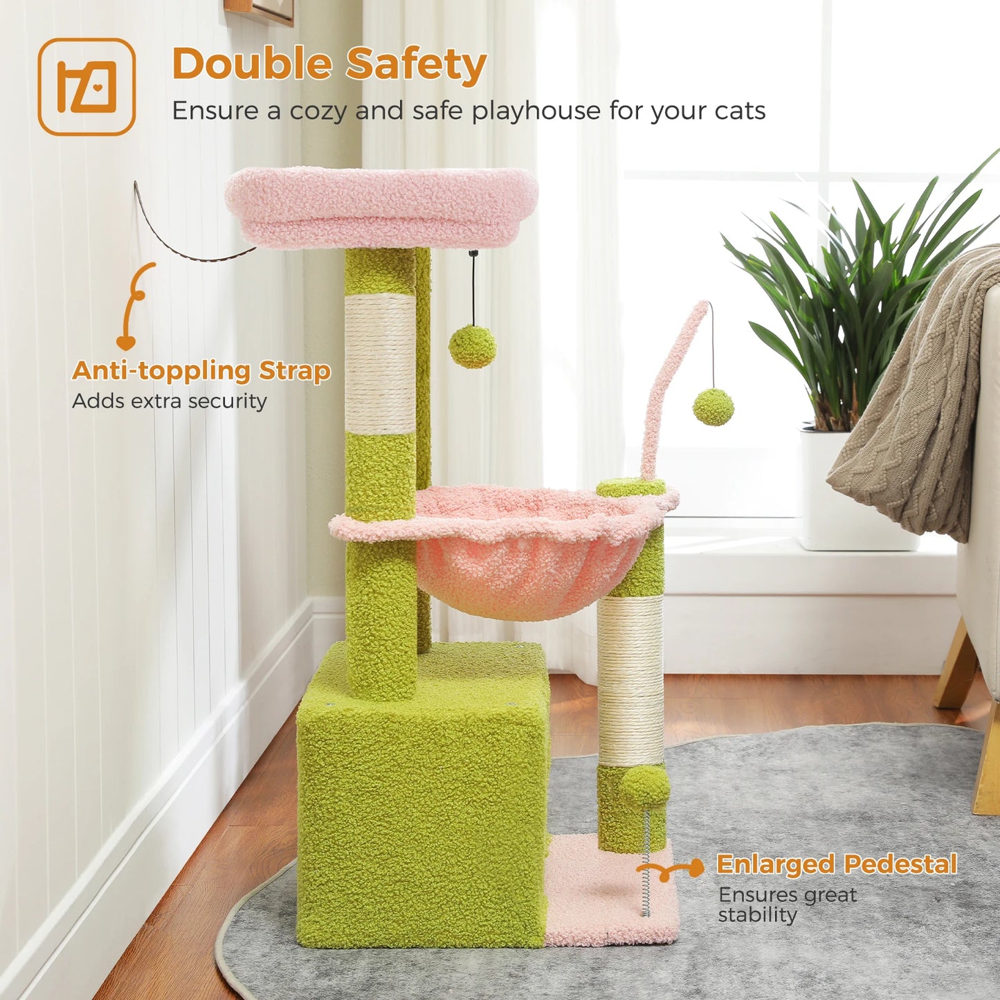 4-in-1 Cactus Cat Tree for Indoor Cat, Small Cat Tower with Large Condo, Scratching Post, Deep Hammock, Cozy Top Perch, Cat Toys