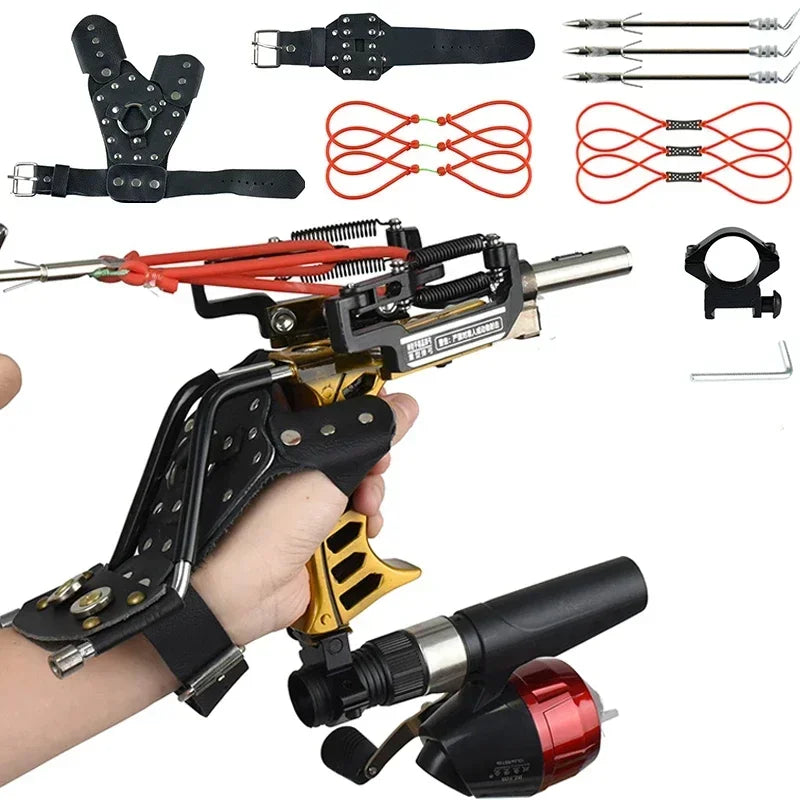 4-Color Fish Shooting Laser Fishing Metal Slingshot Outdoor Hunting Dart Shooting Slingshot Rubber Band Reel Gloves Package