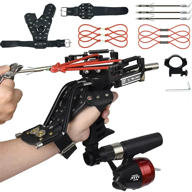 4-Color Fish Shooting Laser Fishing Metal Slingshot Outdoor Hunting Dart Shooting Slingshot Rubber Band Reel Gloves Package