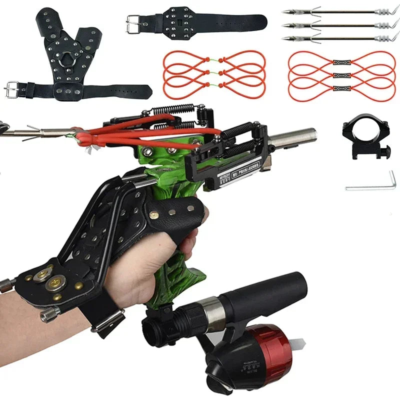 4-Color Fish Shooting Laser Fishing Metal Slingshot Outdoor Hunting Dart Shooting Slingshot Rubber Band Reel Gloves Package
