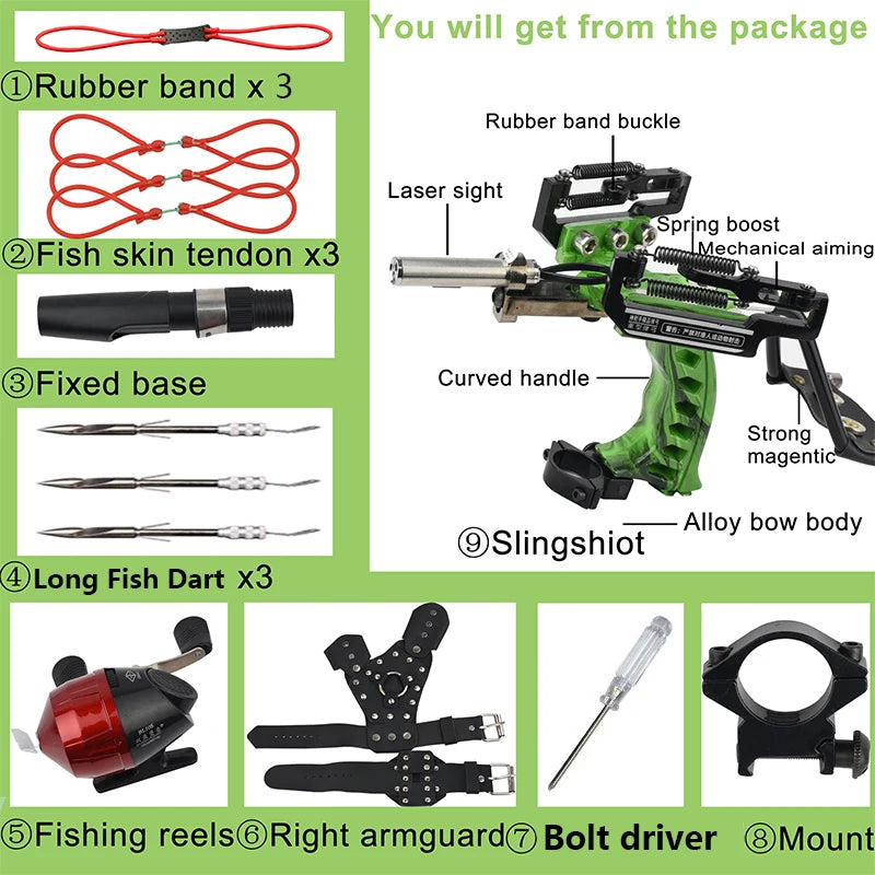 4-Color Fish Shooting Laser Fishing Metal Slingshot Outdoor Hunting Dart Shooting Slingshot Rubber Band Reel Gloves Package