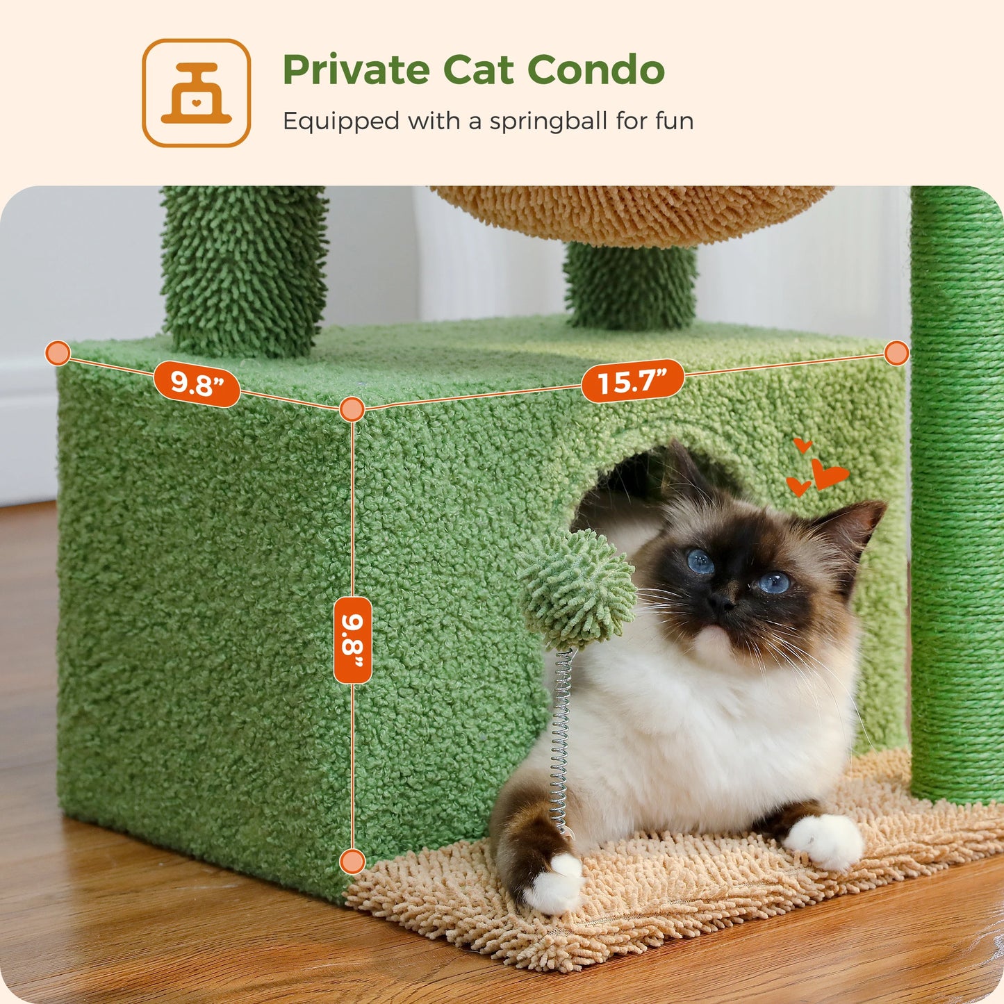4-in-1 Cactus Cat Tree for Indoor Cat, Small Cat Tower with Large Condo, Scratching Post, Deep Hammock, Cozy Top Perch, Cat Toys