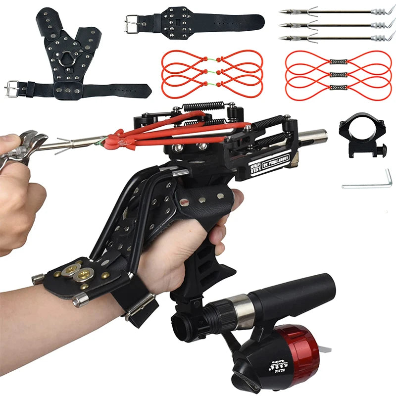 4-Color Fish Shooting Laser Fishing Metal Slingshot Outdoor Hunting Dart Shooting Slingshot Rubber Band Reel Gloves Package